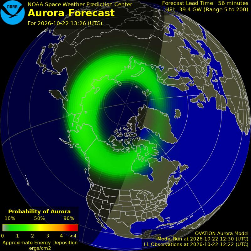 Vorhersage des Polarlichtovals über der Nordhalbkugel (NOAA OVATION)